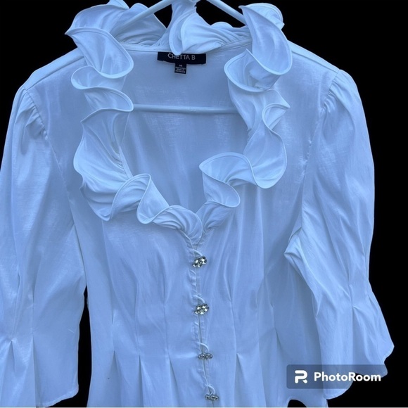 White Ruffle Evening Blouse with Rhinestone Buttons by Chetta B Blouse - Picture 4 of 9